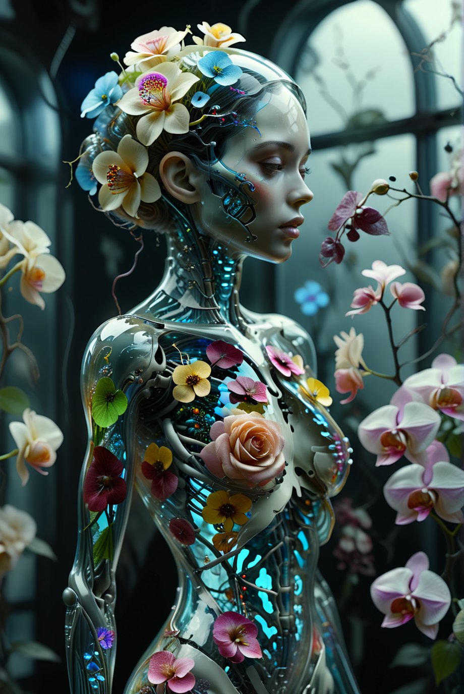 1girl,solo,"Transparent glass naked female cyborg. Skeleton and organs made of vibrant flowers. Mechanical joints visible. Heart of roses, lungs of hydrangeas, brain of orchids. Flowers spilling from slight cracks. Soft backlighting emphasizing transparency. Elegant pose. Simple futuristic background. Photorealistic style with high detail on glass and floral elements.",Clear Glass Skin,tranzp