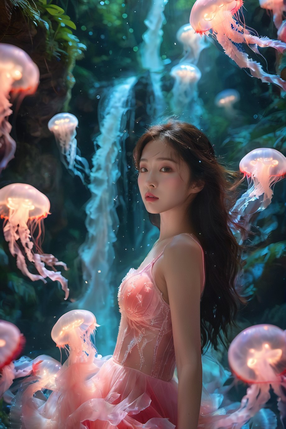 An Asian young woman with long flowing hair, adorned in a delicate emerald red lingerie, surrounded by a mesmerizing rainforest waterfall environment. She stands amidst a dance of luminescent jellyfish, which glow in hues of pink and blue. The backdrop is a cascading waterfall, punctuated by the soft glow of bioluminescent plants and the gentle mist of water. The woman's gaze is distant, as if lost in thought, while the jellyfish float gracefully around her, creating an ethereal and dreamlike atmosphere.