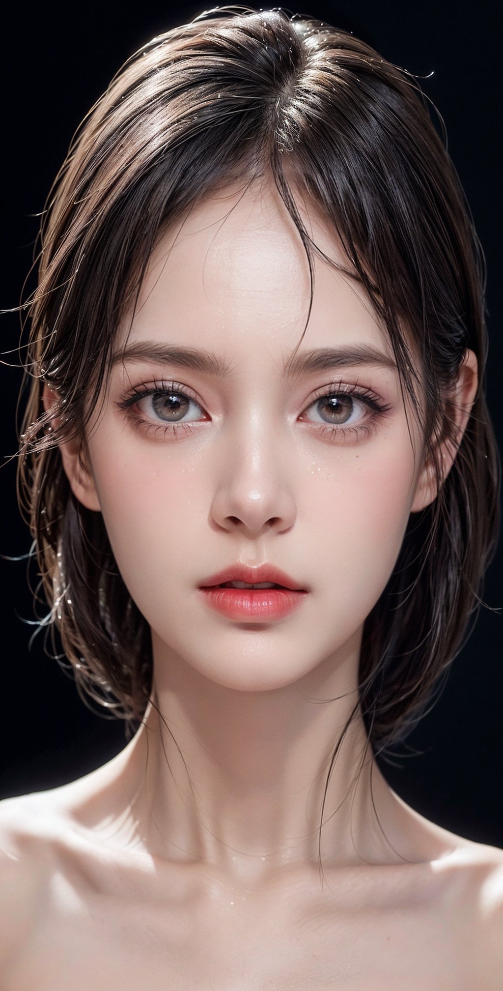 thin lips,Bright red lipstick,big eyes,black eyes,looking at viewer,(masterpiece, best quality:1.4),(photorealistic:1.4)(realistic, photo-realistic:1.4),8k UHD,ultra high res,