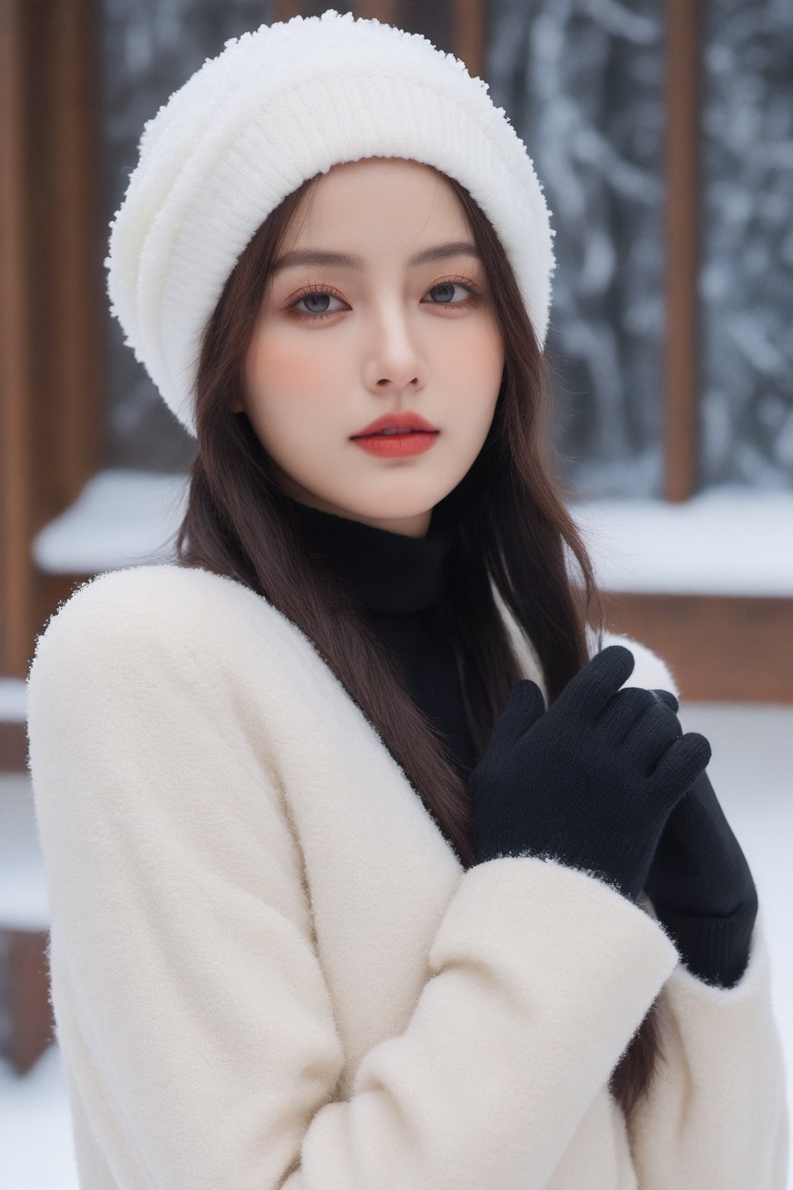 (ultra best quality, in 8K, masterpiece, delicate illustration), perfect body,((large breasts:1.2)),(fashion clothing),wearing a Beanie,Wear gloves,dynamic posture, many hairstyles, beautiful face, slim body, red lips, big blue eyes, Soft smile, better_hands, (snow background),studio lighting, side view