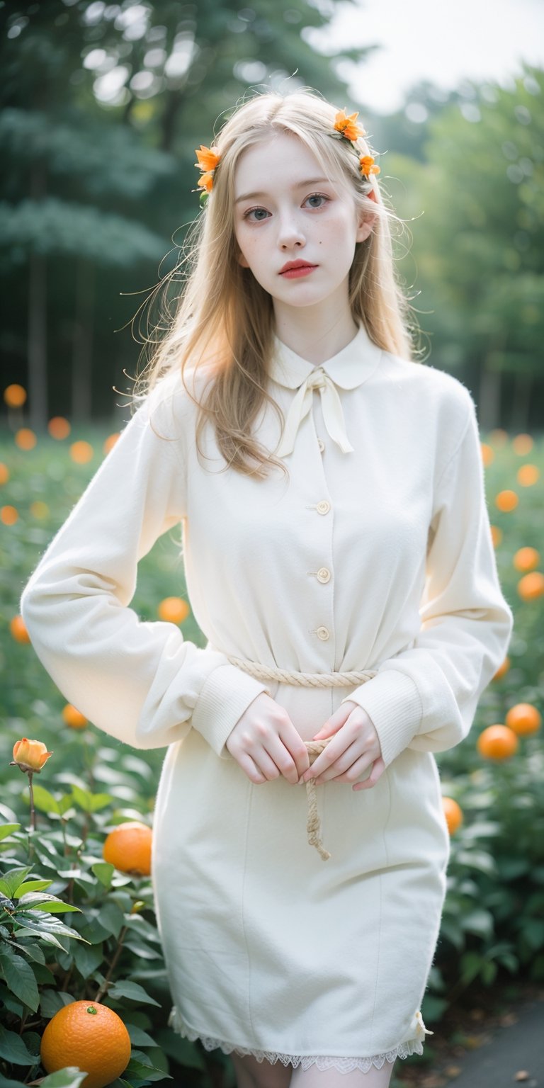 analog photo, retro, a sexy woman,big breasts, 25 years old,  outdoors, wild nature, hair ornaments,
realistic detailed skin, film grain, raw photo, ((pale skin)), sunny day, flowers, posing, nsfw,
big green eyes, freckles, ((orange hairs)),
((cotton))dress, (cincher), bow, standing long sleeves, sleeves past wrists, rope bridges, soft fairy lights, hidden nook, dreamy escape,
((garden)), ((short)) skirt, skirt lift, ((white dress))