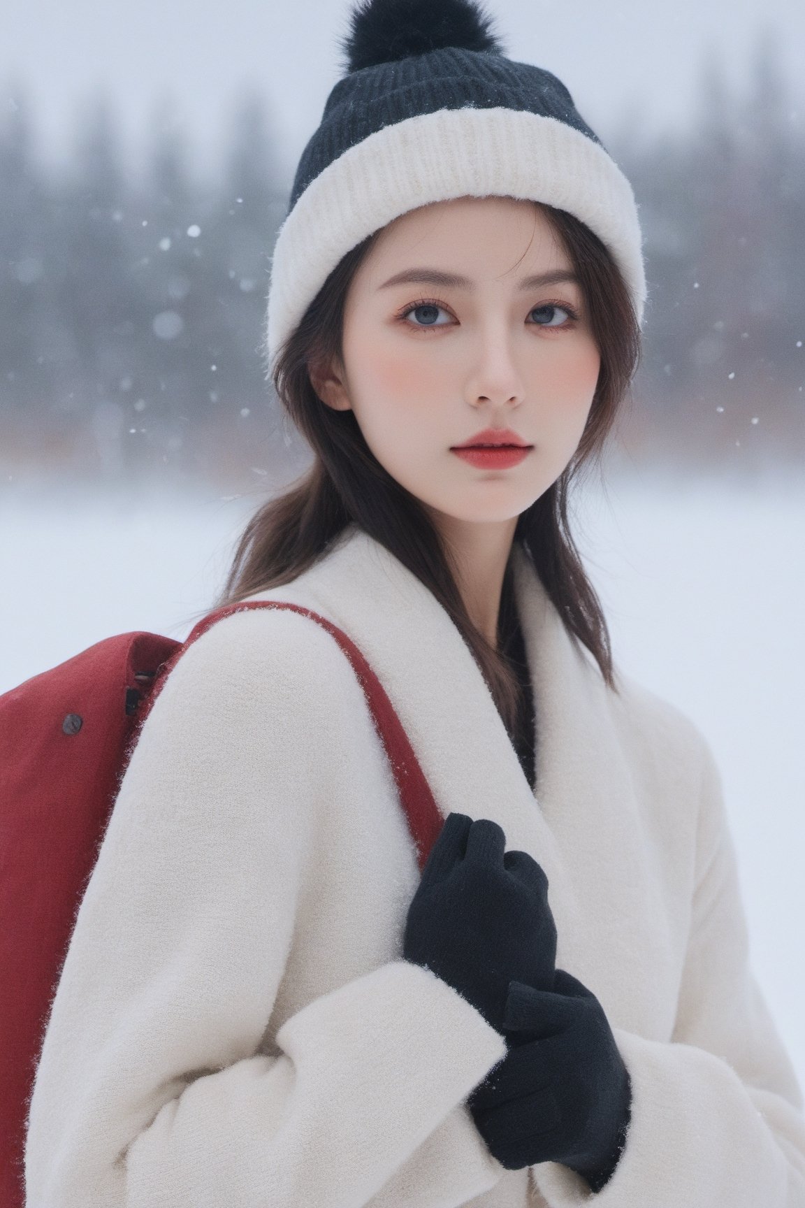 (ultra best quality, in 8K, masterpiece, delicate illustration), perfect body,((large breasts:1.2)),(fashion clothing),wearing a Beanie,Wear gloves,dynamic posture, many hairstyles, beautiful face, slim body, red lips, big blue eyes, Soft smile, better_hands, (snow background),studio lighting, side view