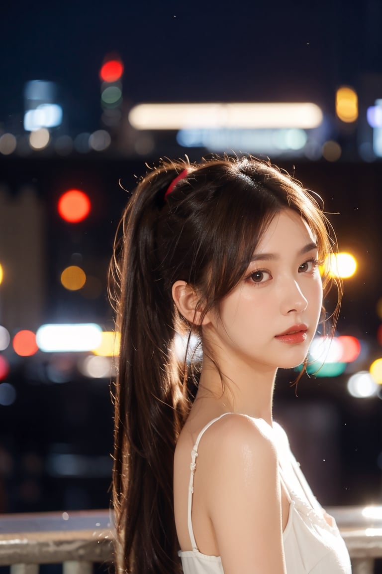 1girl, solo, long hair, looking at viewer, brown hair, black hair, brown eyes, upper body, ponytail, blurry, lips, night, depth of field, blurry background, city, realistic, bokeh, city lights