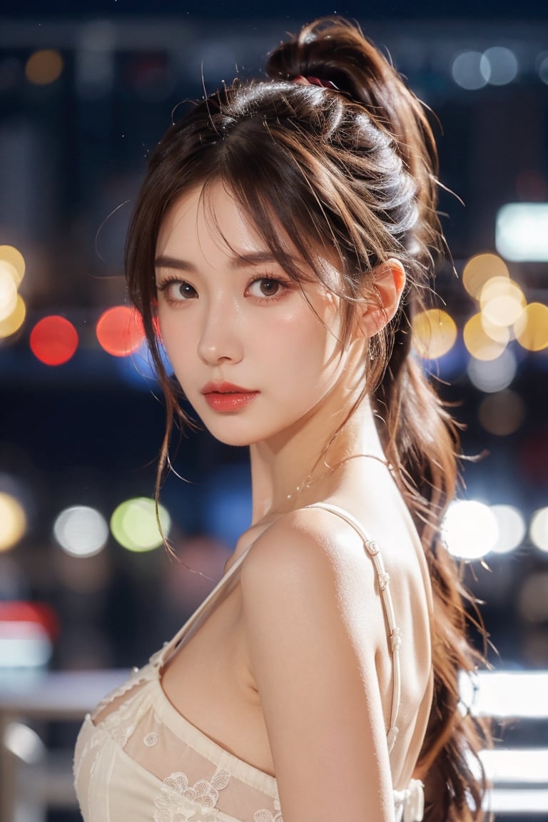 1girl, solo, long hair,(big breasts), looking at viewer, brown hair, black hair, brown eyes, upper body, ponytail, blurry, lips, night, depth of field, blurry background, city, realistic, bokeh, city lights