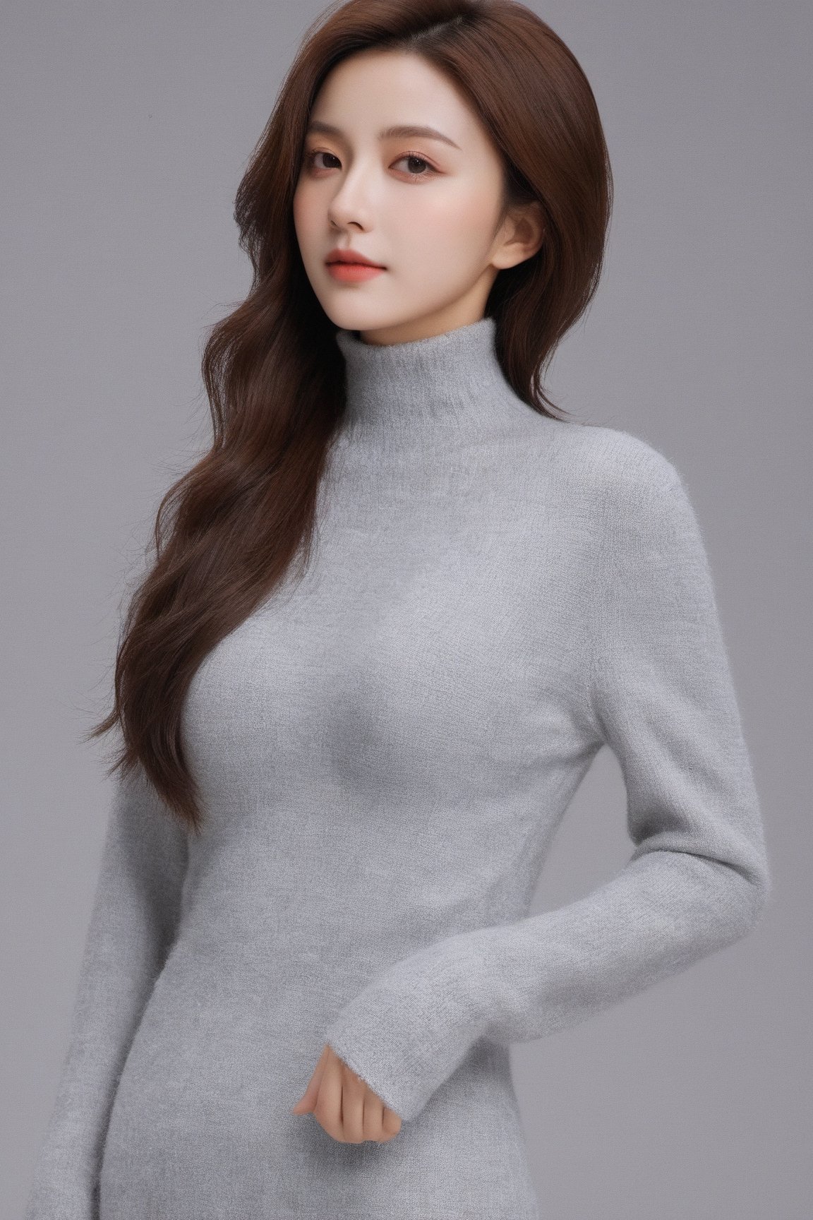 (ultra best quality, in 8K, masterpiece, delicate illustration), perfect body,((large breasts:1.2)),((warm clothing)),dynamic posture, many hairstyles, beautiful face, slim body, red lips, big brown eyes, Soft smile, better_hands, (gray simple background), side view