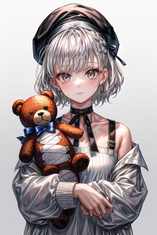 Girl wearing White Cap,Short White Hair,Hair Bangs,White eyes,Silver Eyelashes,Bandage on Cheek,Crux Immisia Style Earring,Waering Black Choker On Neck,Wearing White Sweater,Holding Teddy Bear Toy,(Best quality,Highest quality:1.4)