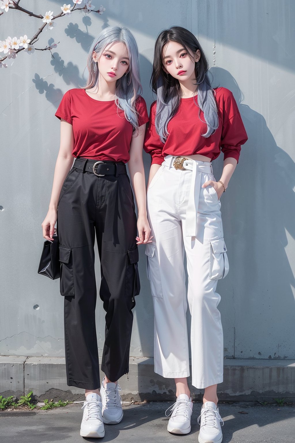 2girls, different face, blush, blue eye, (white and blue highlight hair: 1.4), Donatella Versace designed: (((red shirt))), and (((cargo pants))), (((waist fancy belts))), (((fancy shoes))), stylish clothing, different clothing, messy_hair, ((simple cherry blossoms art wall background)), nervous and embarrassed expression in their face, ((awsome posing)),medium full shot,two_girl,2girls,different_clothes