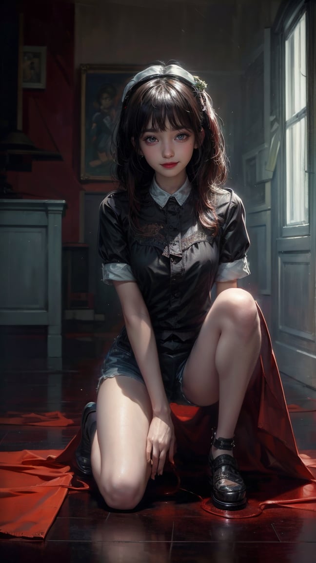 female, ((masterpiece, best quality, ultra detailed, absurdres):1.5), 1girl, sit, floor, bangs,beautiful, black hair, evil, maid_costume, bare legs,skinny legs,kneel down,spread legs,hehe,shorts