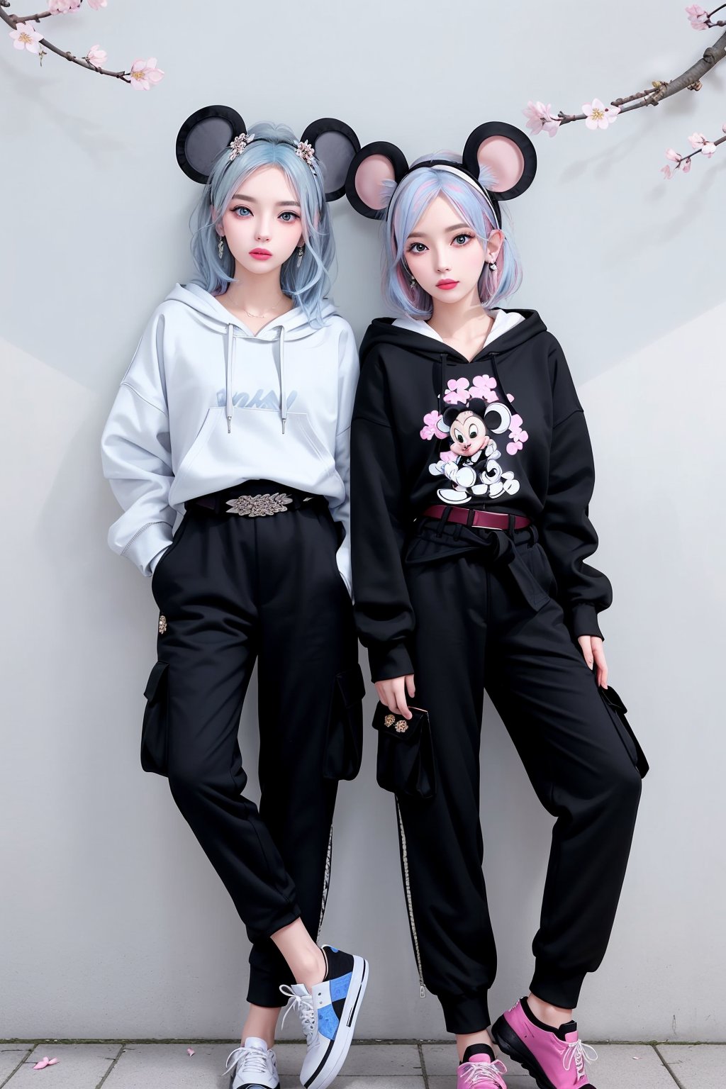 2girls, different face, blush, blue eye, (white and blue highlight hair: 1.4), (((mini_mouse ear headband))), Donatella Versace designed: (((black pattern hoodie))), and (((cargo pants))), (((waist fancy belts))), (((fancy shoes))), stylish clothing, different clothing, messy_hair, (((simple cherry blossoms wall background))), nervous and embarrassed expression in their face, ((awsome posing)),medium full shot,two_girl,2girls,different_clothes