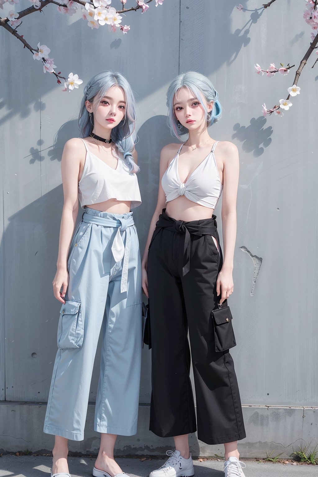 2girls, different face, blush, blue eye, (white and blue highlight hair: 1.4), Donatella Versace designed: (((blue designed fancy top))), and (((loose cargo pants))), (((waist knot belts))), stylish clothing, different clothing, messy_hair, (( cherry blossoms art wall background)), nervous and embarrassed expression in their face, ((friends photoshoot poses)), hot photoshoot pose,medium full shot,two_girl,2girls,different_clothes