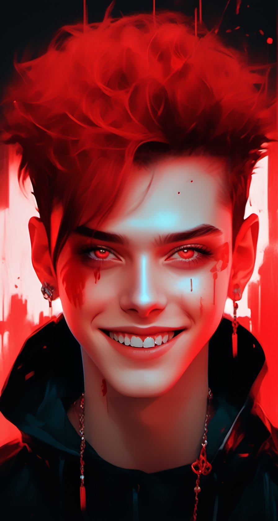 (score_9, score_8_up, score_7_up), zPDXL, solo, looking at viewer, smile, short hair, simple background, black hair, red eyes, 1boy, jewelry, jacket, upper body, male focus, red hair, earrings, teeth, black jacket, blood, glowing, sharp teeth, red background, colored sclera, black sclera,BioPunky:0.8