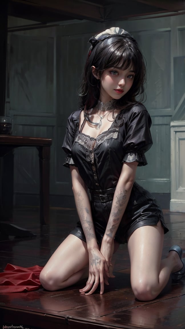 female, ((masterpiece, best quality, ultra detailed, absurdres):1.5), 1girl, sit, floor, bangs,beautiful, black hair, evil, maid_costume, bare legs,skinny legs,kneel down,spread legs,hehe,shorts