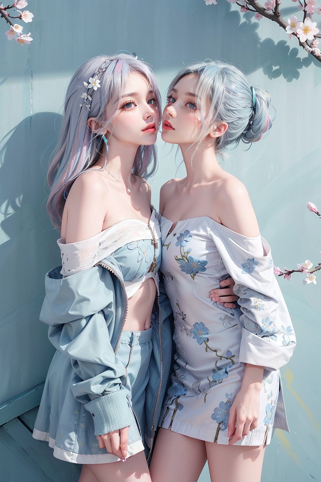 2girls, blush, blue eye, (white and blue highlight hair: 1.4), Donatella Versace designed: ((Luxurious off shoulder blue jacket)) and ((Luxurious green frock)), stylish clothing, messy_hair, (( cherry blossoms art wall background)), kissing expression in their face, (stylish posing), navel,medium full shot,two_girl,2girls,different_clothes