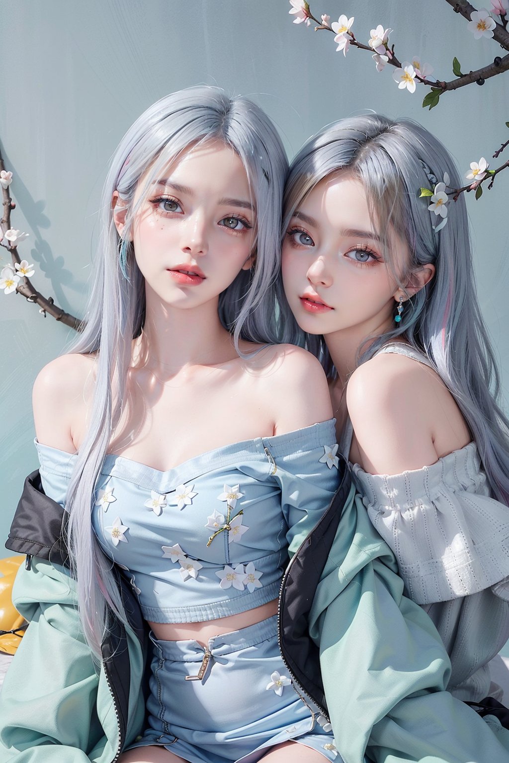 2girls, blush, blue eye, (white and blue highlight hair: 1.4), Donatella Versace designed: ((Luxurious off shoulder blue jacket)) and ((Luxurious green frock)), stylish clothing, messy_hair, (( cherry blossoms art wall background)), nervous and embarrassed expression in their face, (stylish posing), navel,medium full shot,two_girl,2girls,different_clothes