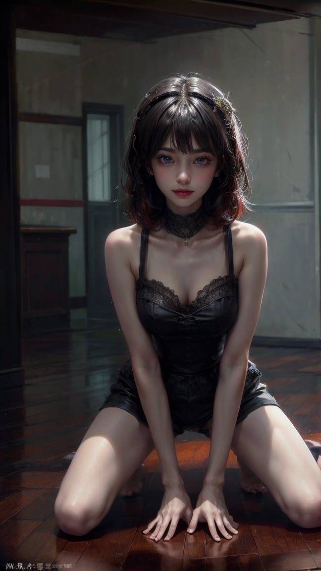 female, ((masterpiece, best quality, ultra detailed, absurdres):1.5), 1girl, sit, floor, savage style, bangs,beautiful, black hair, evil, maid_costume, bare legs,skinny legs,kneel down,spread legs,hands over hair, hehe,shorts
(brilliant composition)