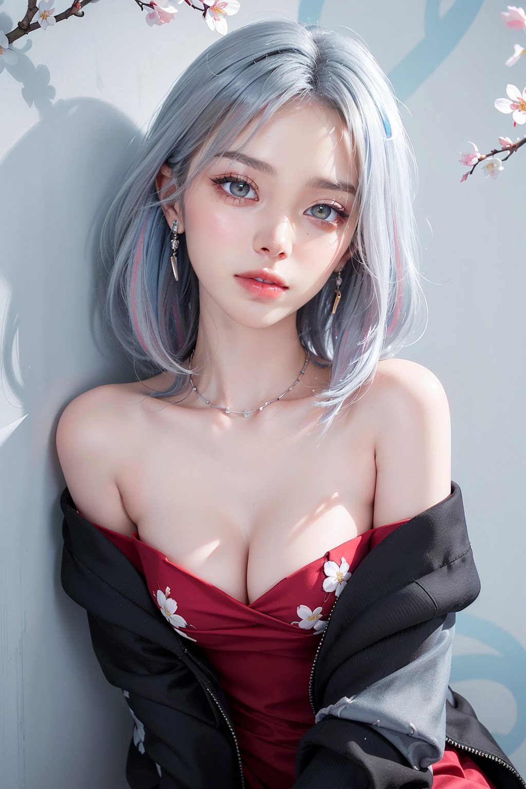 blush, blue eye, (white and blue highlight hair: 1.4), Donatella Versace designed: ((Luxurious off shoulder black jacket)) and ((Luxurious red frock)), messy_hair, (( cherry blossoms art wall background)), kissing expression in her face, (dynamic posing), navel,medium full shot