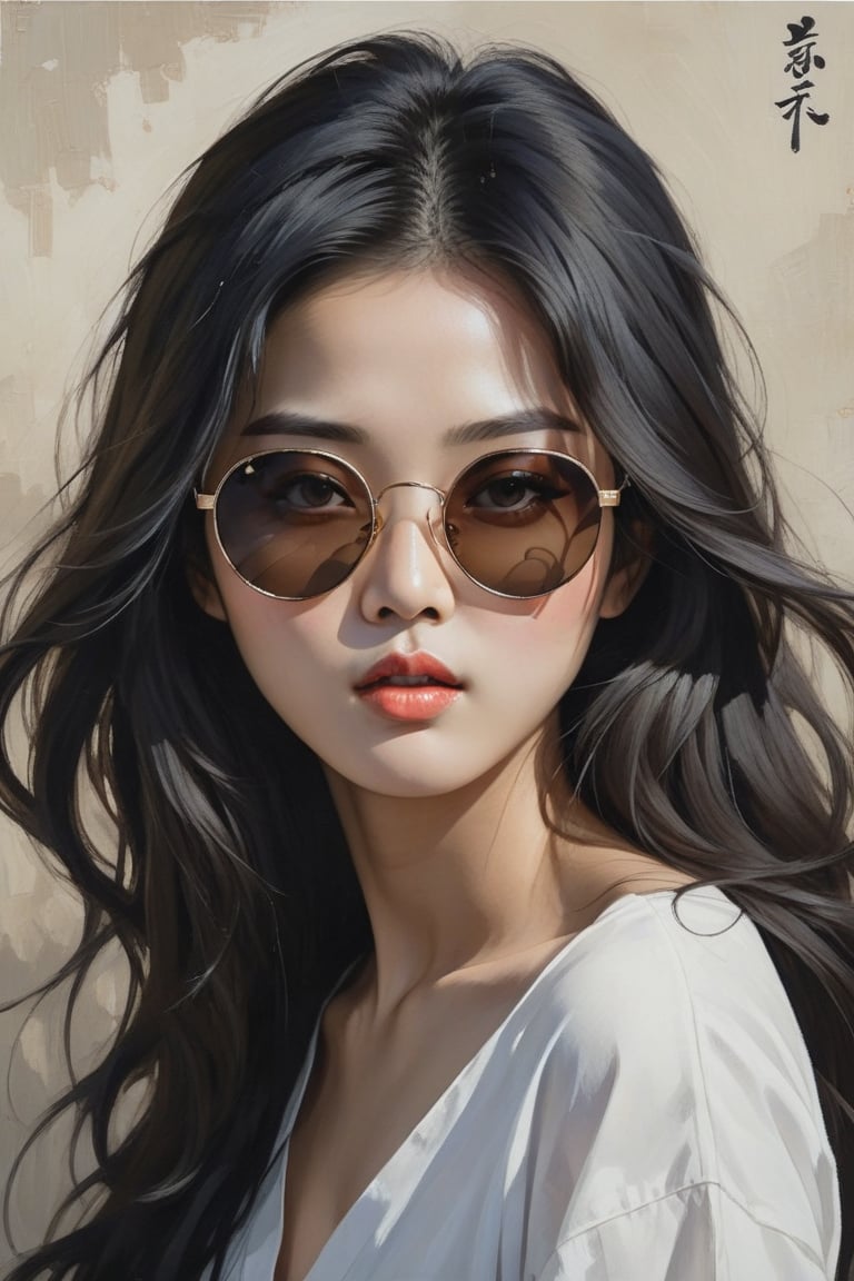 painting of a korean 1girl, solo, long hair, simple background, black hair, smoking, face,  sunglasses, cinematic background , soulful eyes, 