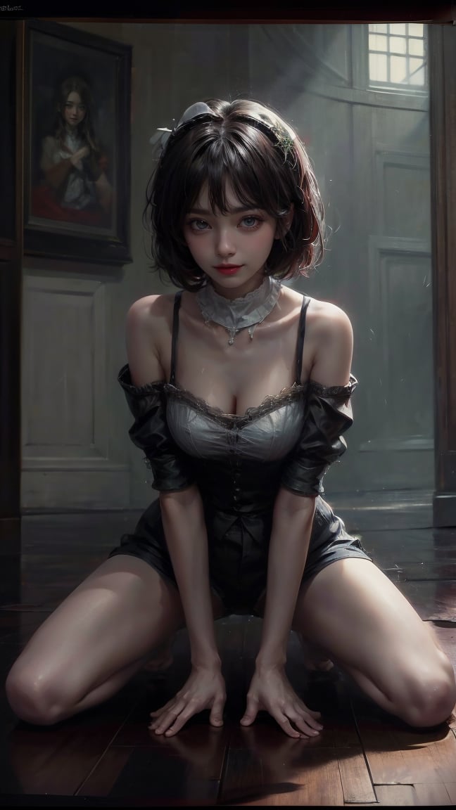 female, ((masterpiece, best quality, ultra detailed, absurdres):1.5), 1girl, sit, floor, savage style, bangs,beautiful, black hair, evil, maid_costume, bare legs,skinny legs,kneel down,spread legs,hehe,shorts
(brilliant composition)