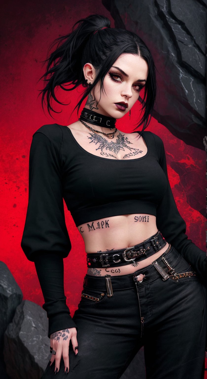 score_9, score_8_up, score_7_up, (midriff:1.2), charcoal art, 1girl, a portrait goth girl with natural face, black lips, black long sleeve crop top, (((cool rock pose))), red vintage background, midriff, medium breasts, collarbone tattoo, neck tattoo, urban tech, looking_at_viewer