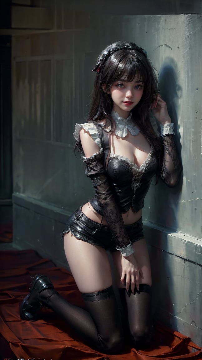 female, ((masterpiece, best quality, ultra detailed, absurdres):1.5), 1girl, sit, Lean against a wall pose, savage style, bangs,beautiful, black hair, evil, maid_costume,skinny legs,kneel down,hands over the hair, hehe,shorts
(brilliant composition)