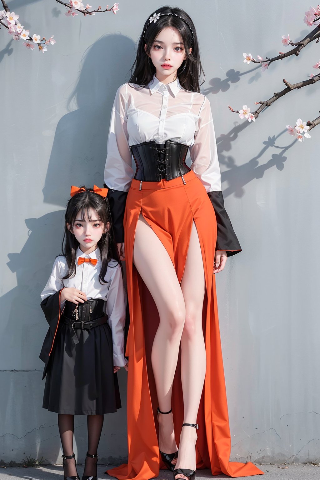 2girls,(((small girl and big girl))), different face, blush, blue eye, (white and black highlight hair: 1.4), (((fancy hair headband))), Donatella Versace designed: (((red full sleeve shirt))), and (((fancy orange long skirt))), (((waist fancy corset belts))), (((fancy knee high long heels))), stylish clothing, different clothing, messy_hair, (((simple cherry blossoms wall background))), nervous and embarrassed expression in their face, ((awsome posing)),medium full shot,two_girl,2girls,different_clothes