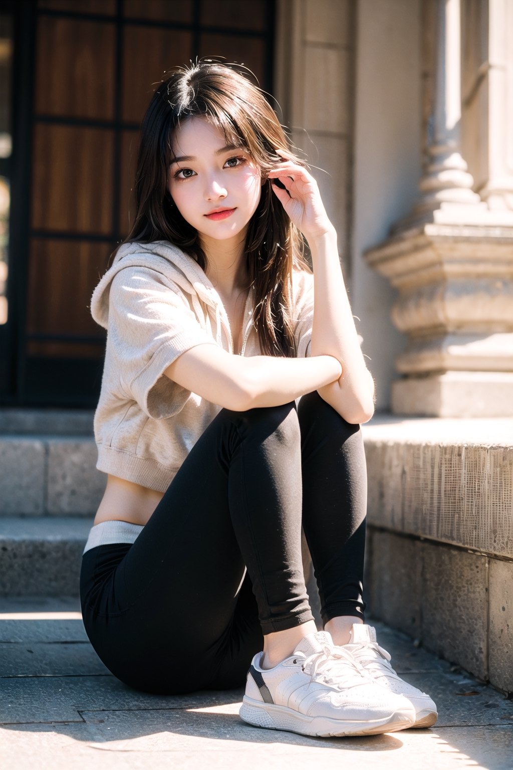 (((masterpiece))), top quality, (beautiful and delicate girl), beautiful and delicate light, (beautiful and delicate eyes), mysterious smile, (brown eyes), (dark black long hair), medium breasts, female 1, frontal shot, Korean, soft expression, tall, white hoodie crop-top, black yoga pants, sneakers, half body shot,