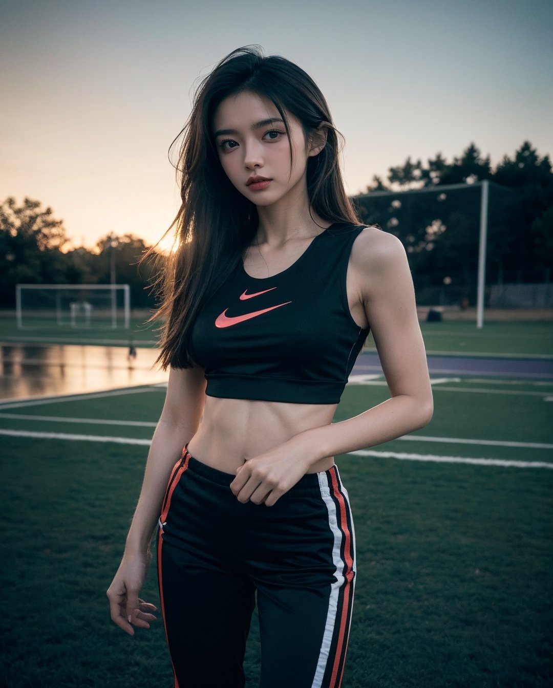 (RAW photo, best quality), (realistic, photo-Realistic), best quality, masterpiece, beautiful and aesthetic, 16K, (HDR), high contrast, (vibrant color),

ous hair,

1/2 head shot, looking at the viewer, standing in a soccer field at night, wearing a tight nike gym outfit