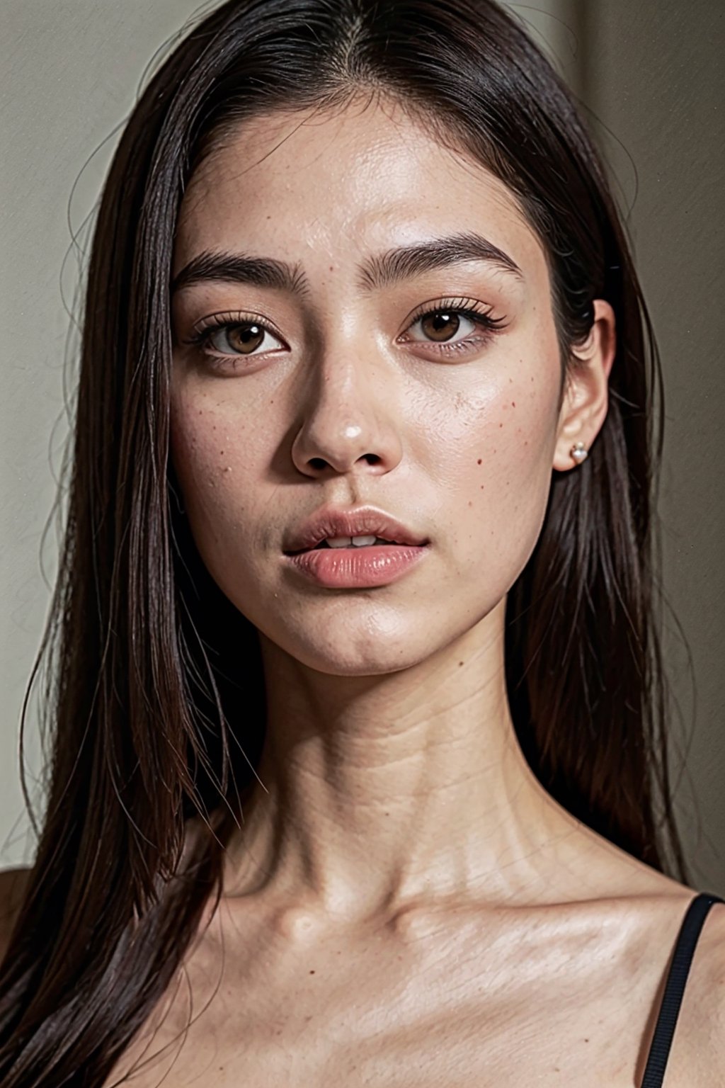 Extremely Realistic, best_quality, half-asian half white girl, medium brown hair, defined-square-jawline, 21 years old, high-set prominent cheekbones, light brown almond-shaped eyes, big lips, , photorealistic, wearing designer clothing ,asian girl