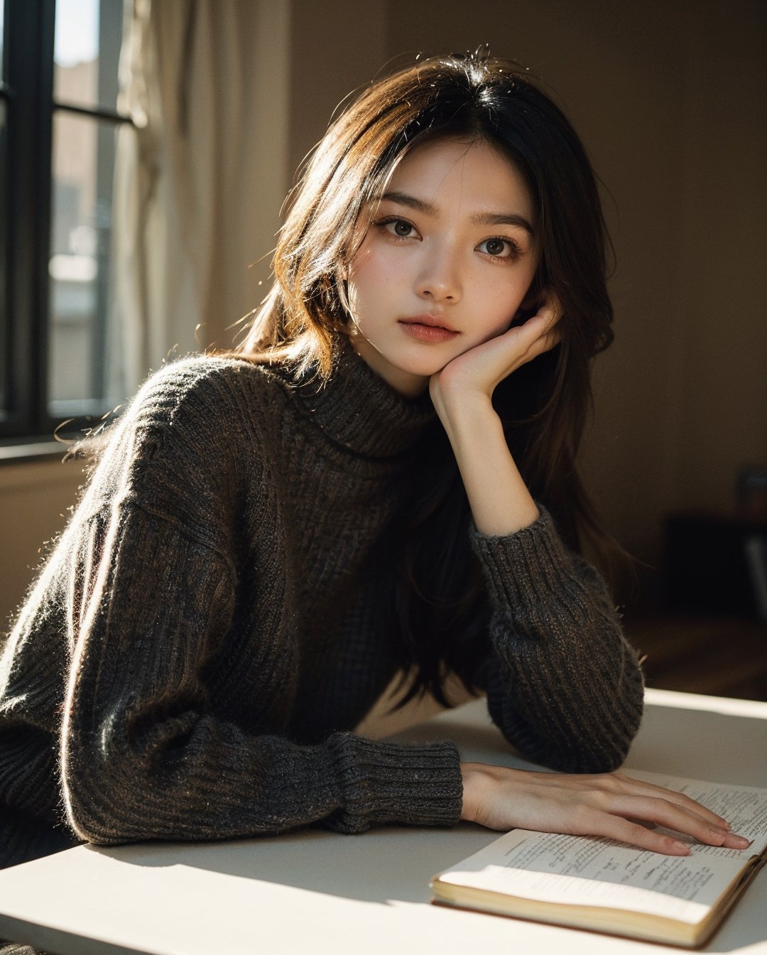 (RAW photo, best quality), (realistic, photo-Realistic), best quality, masterpiece, beautiful and aesthetic, 16K, (HDR), high contrast, (vibrant color),

ous hair,

sitting on a desk, looking to the side at the viewer, wearing a black knit sweater