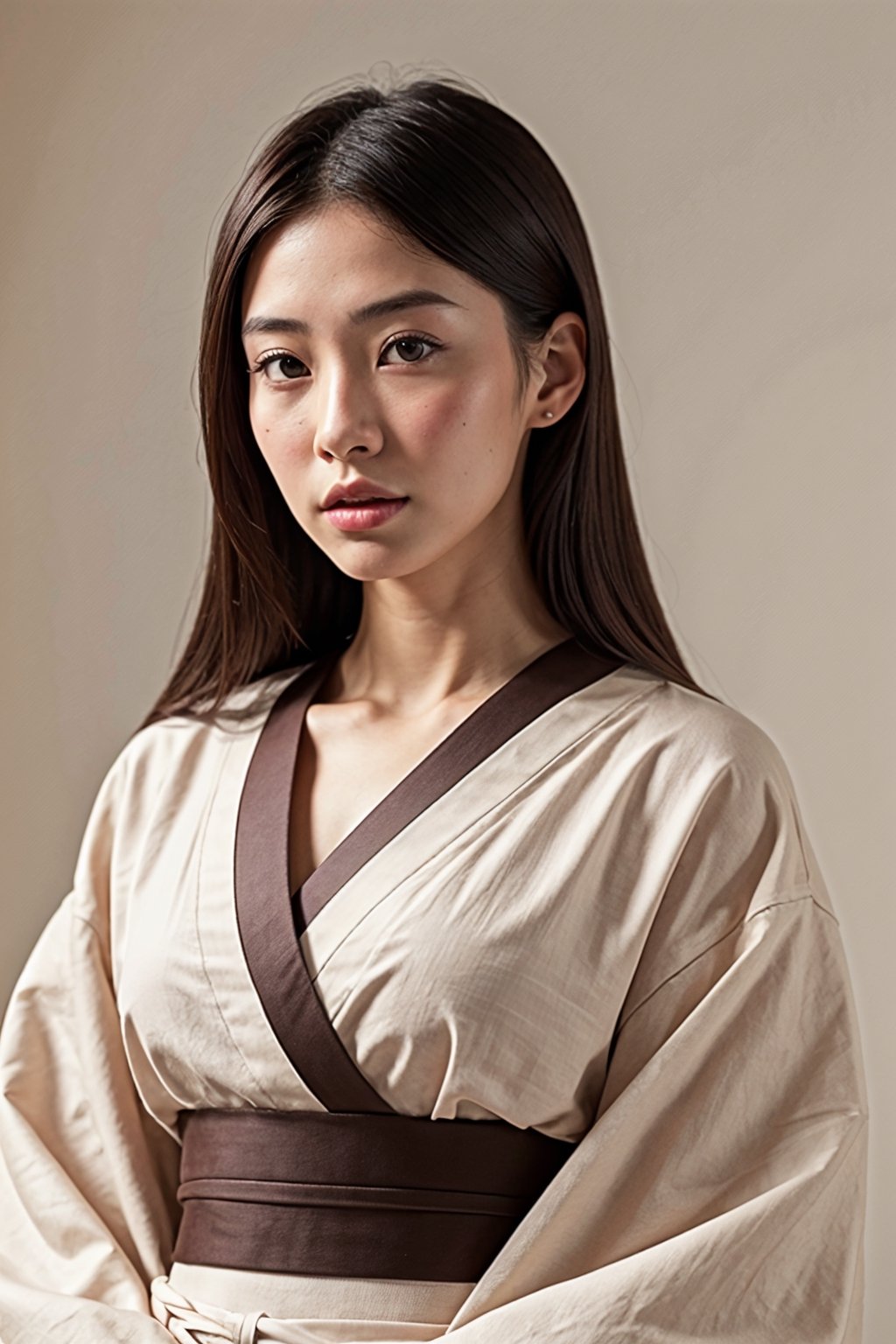 Extremely Realistic, best_quality, half-asian half white girl, medium brown hair, defined-square-jawline, 21 years old, high-set prominent cheekbones, light brown almond-shaped eyes, big lips, , photorealistic, wearing a kimono ,asian girl