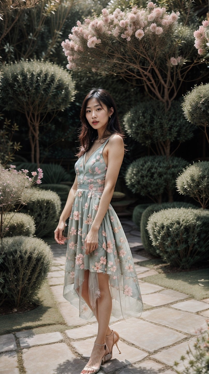 Generate hyper realistic image of an asian woman in a couture garden party dress in pastel hues, the intricate floral patterns matching the vibrant blooms around her. Place her in an enchanting botanical garden, exuding sophistication.((upper body)),1 girl,kimyojung
