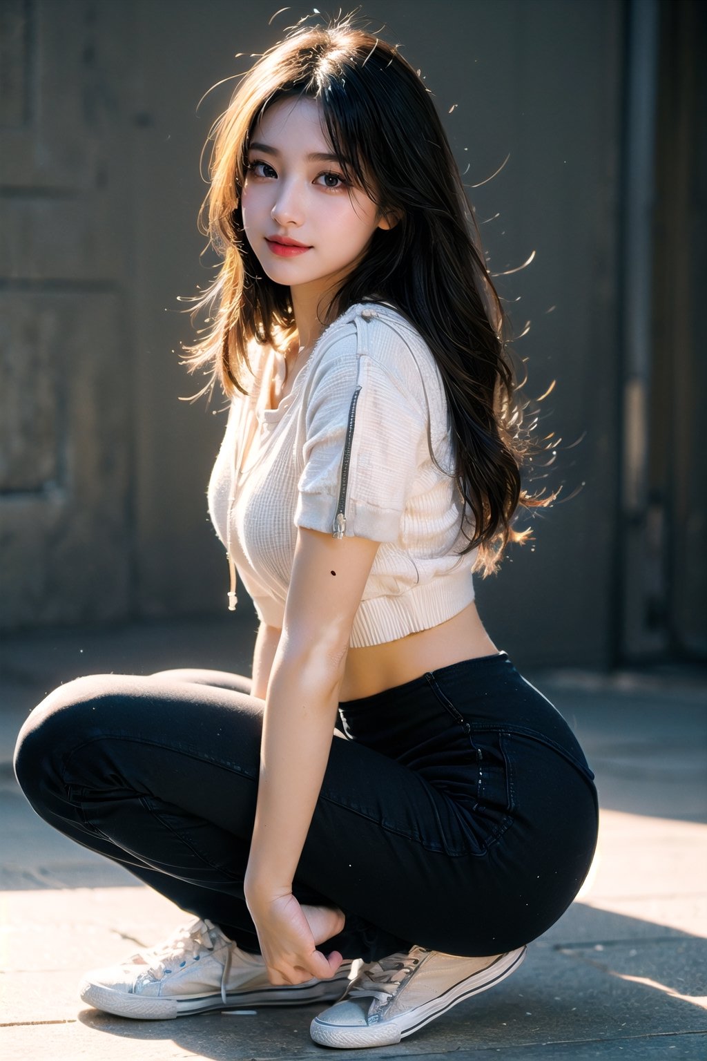 (((masterpiece))), top quality, (beautiful and delicate girl), beautiful and delicate light, (beautiful and delicate eyes), mysterious smile, (brown eyes), (dark black long hair), medium breasts, female 1, frontal shot, Korean, soft expression, tall, white hoodie crop-top, black yoga pants, sneakers, half body shot,