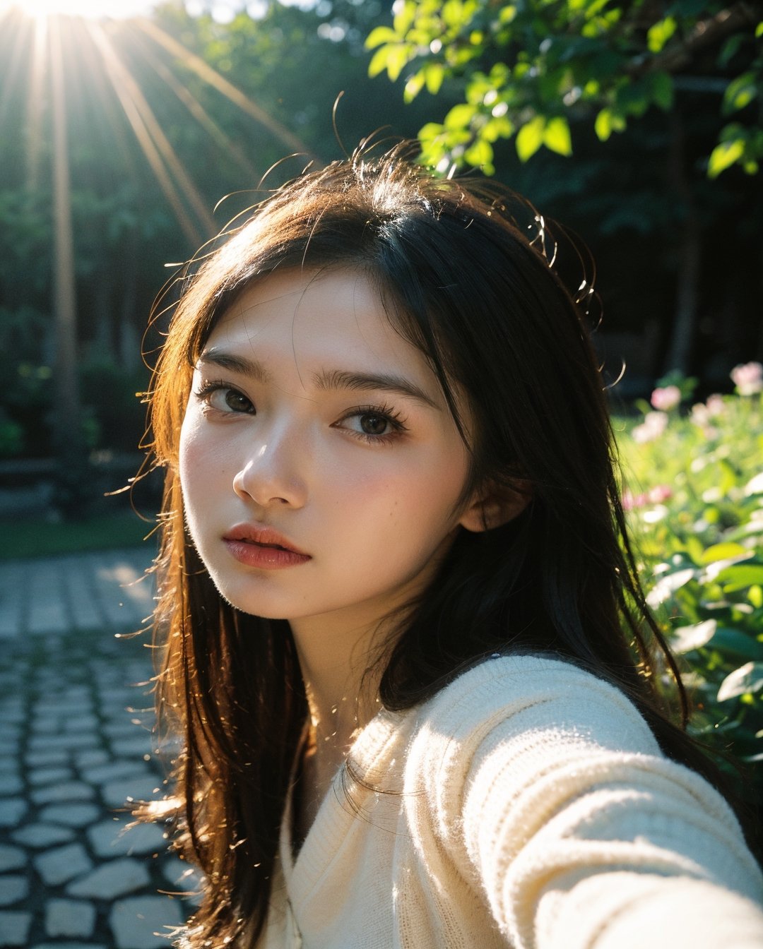 (RAW photo, best quality), (realistic, photo-Realistic), best quality, masterpiece, beautiful and aesthetic, 16K, (HDR), high contrast, (vibrant color),

ous hair,

taking a selfie, at a garden, sunlight on face