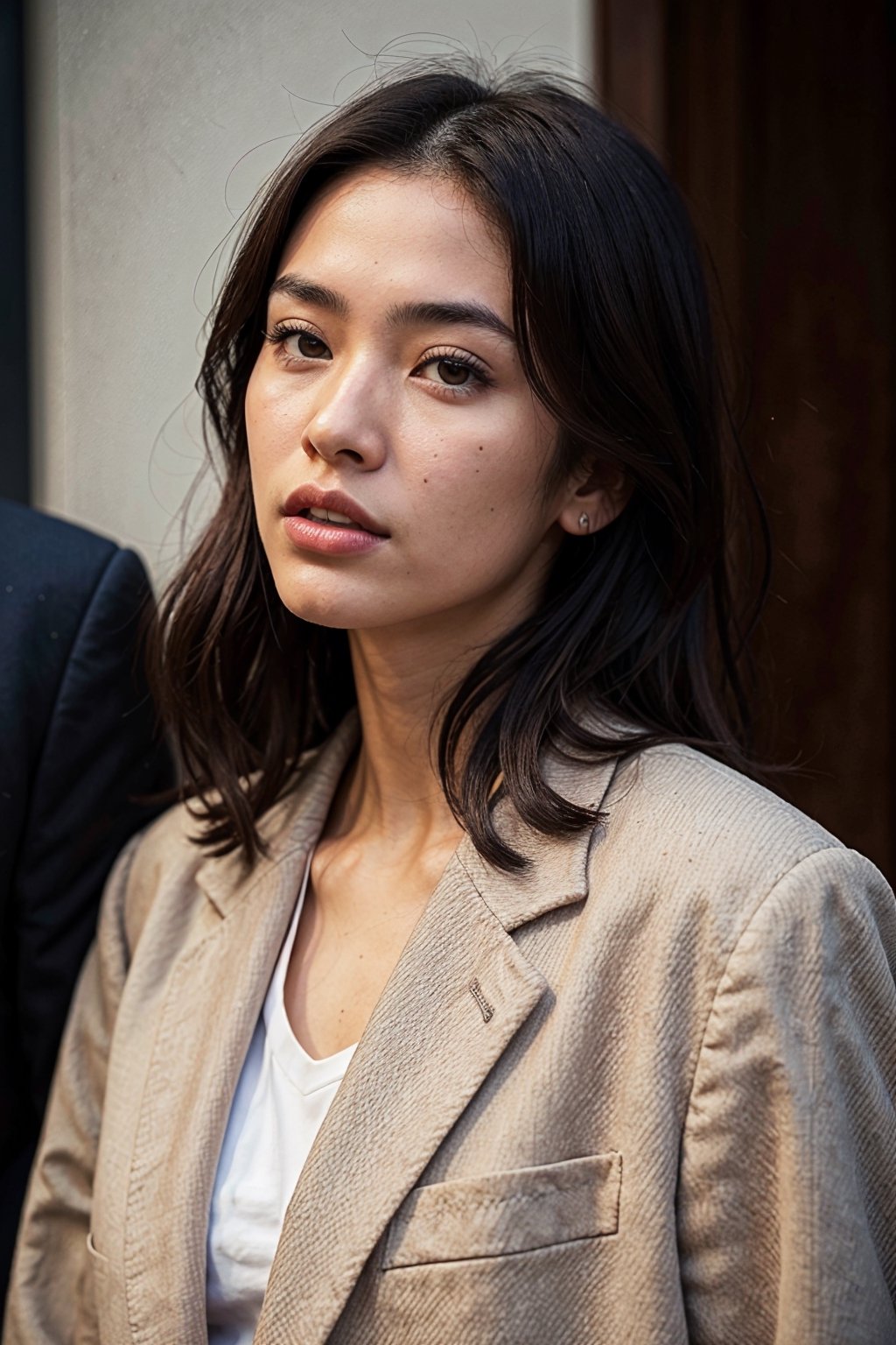 Extremely Realistic, best_quality, half-asian half white girl, medium brown hair, defined-square-jawline, 21 years old, high-set prominent cheekbones, light brown almond-shaped eyes, big lips, , photorealistic, wearing oversized an black suit jacket ,asian girl, head slightly tilted, photorealistic