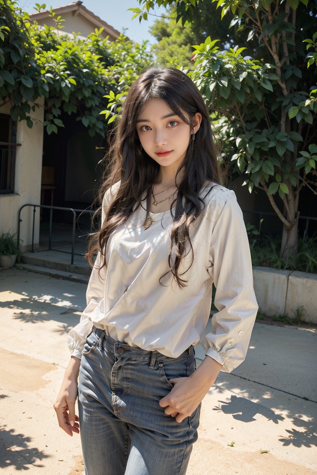 (masterpiece, cowboy shot), 1girl, long hair, looking at the viewer, standing, smiling, earrings, necklace, sandals, outdoors, grassland, windy, sunshine, FOLK