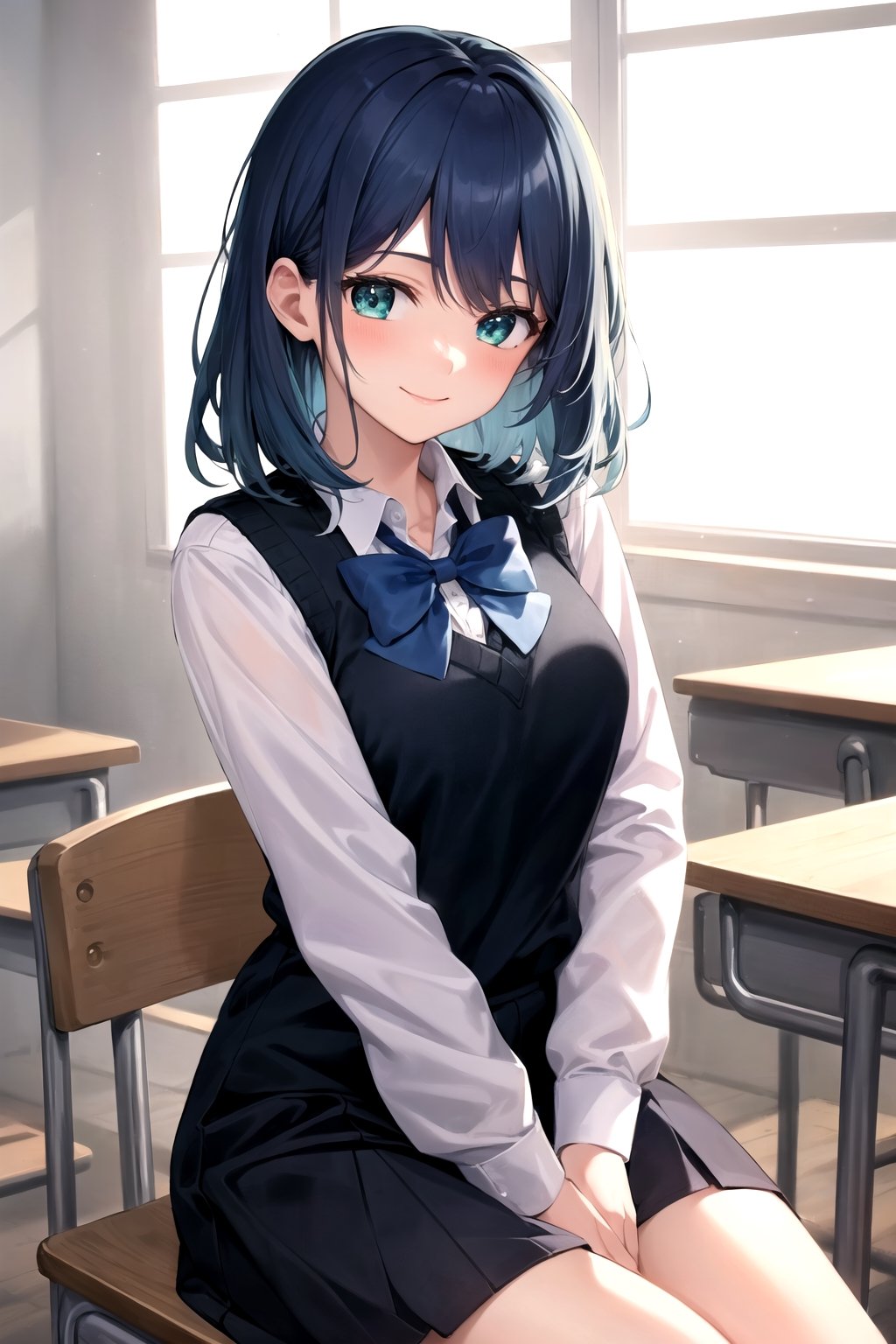 akane-kurokawa, 1girl, solo, masterpiece, ((ultra-detailed)),  high_res, dark blue hair, blue highlights, green_blue eyes, smile, blush, closed mouth, white shirt, long sleeves shirt, black vest sweater, blue bowtie, grey skirt, classroom, bluesky, looking at the viewer 