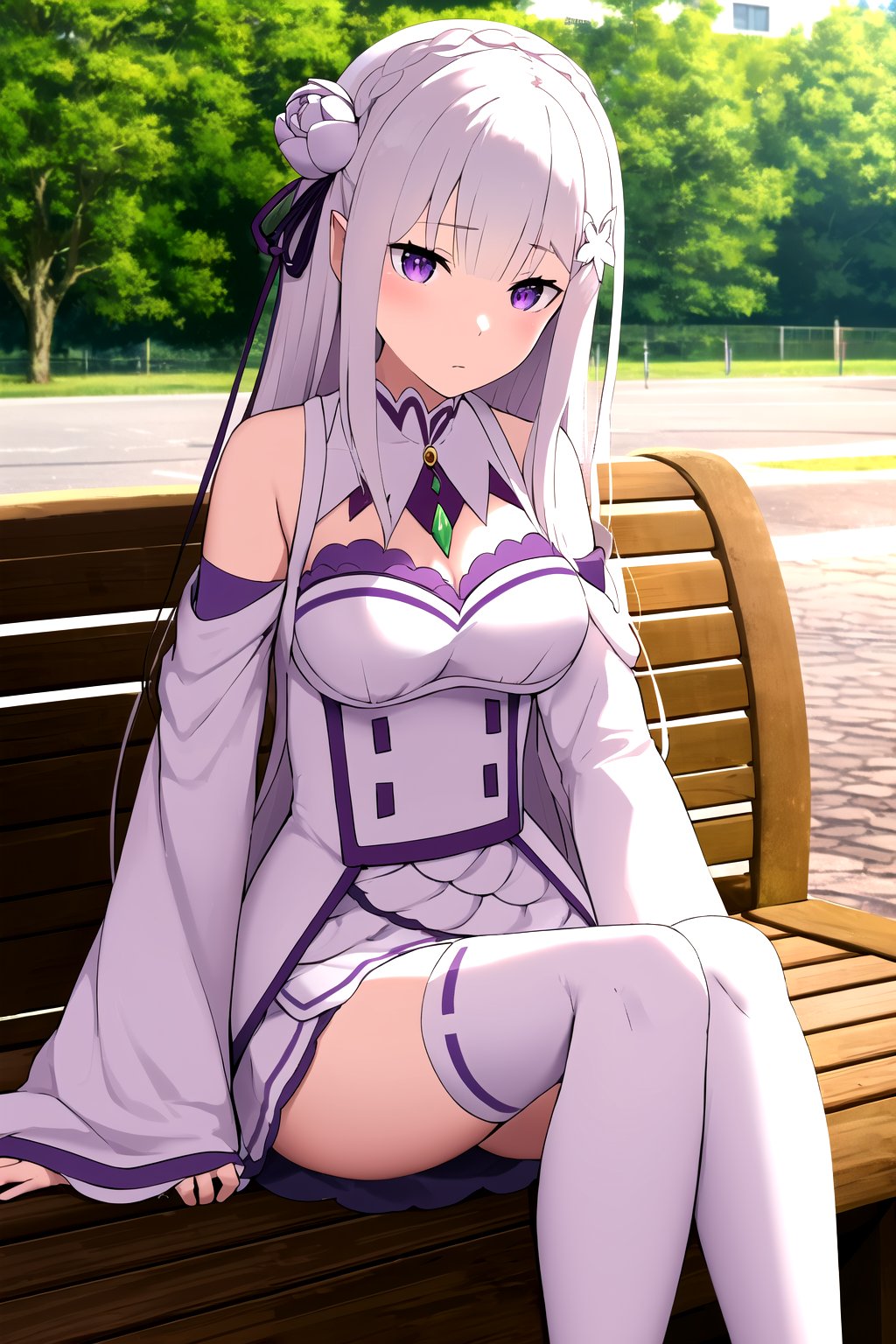 absurdres, highres, ultra detailed, emilia, white hair, purple eyes, long hair, medium breasts, hair flower, hair ornament, hair ribbon, white dress, detached collar, wide sleeves, white thighhighs, looking at viewer, sitting, bench, outdoors, tree