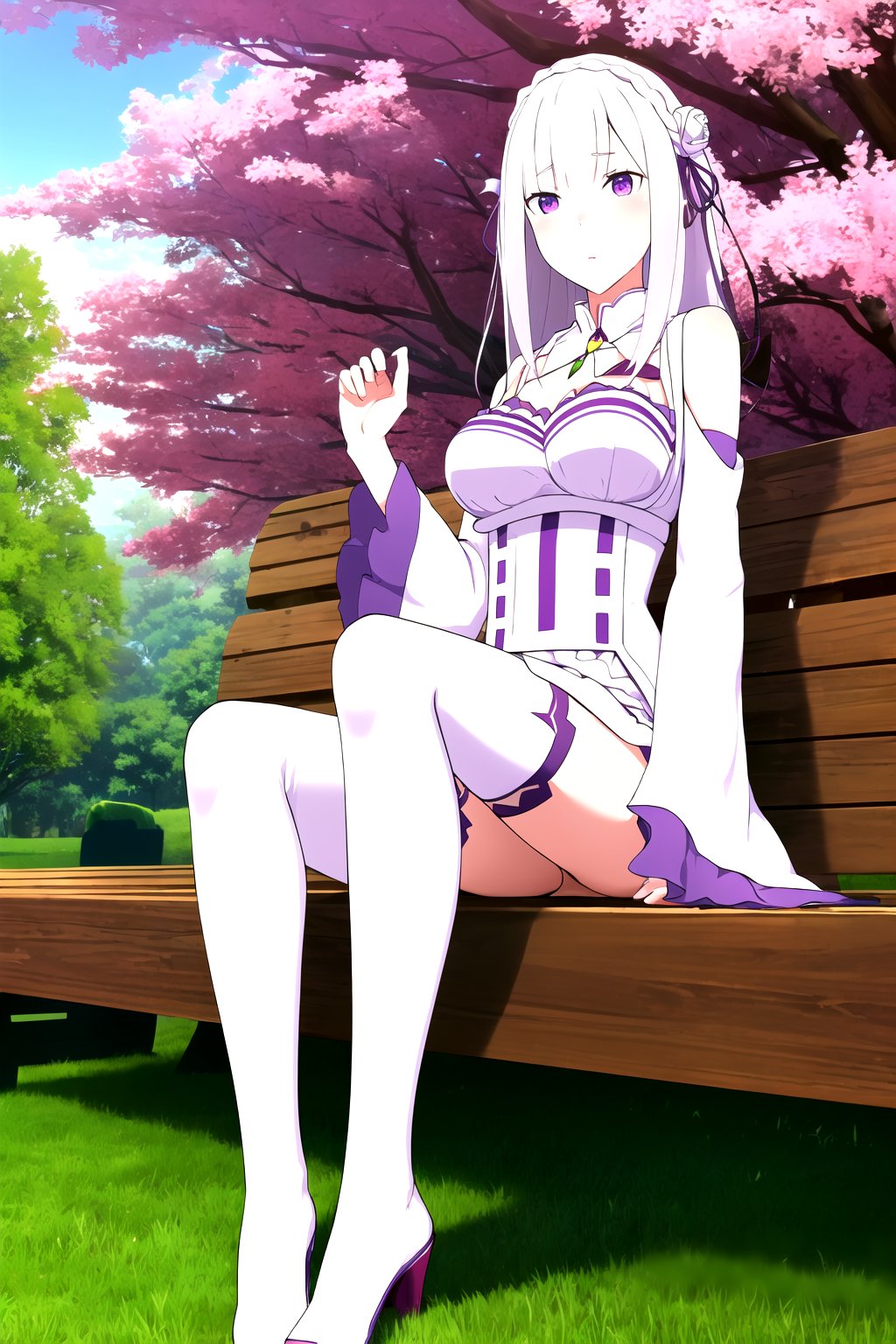 absurdres, highres, ultra detailed, emilia, white hair, purple eyes, long hair, medium breasts, hair flower, hair ornament, hair ribbon, white dress, detached collar, wide sleeves, white thighhighs, looking at viewer, sitting, bench, outdoors, tree