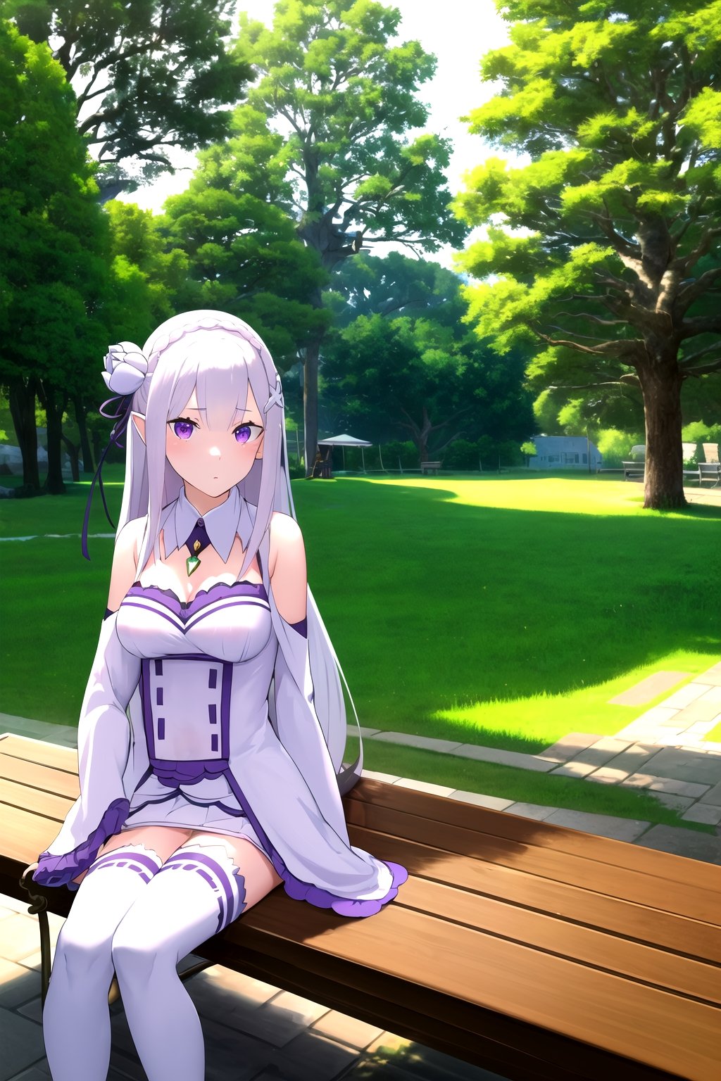 absurdres, highres, ultra detailed, emilia, white hair, purple eyes, long hair, medium breasts, hair flower, hair ornament, hair ribbon, white dress, detached collar, wide sleeves, white thighhighs, looking at viewer, sitting, bench, outdoors, tree