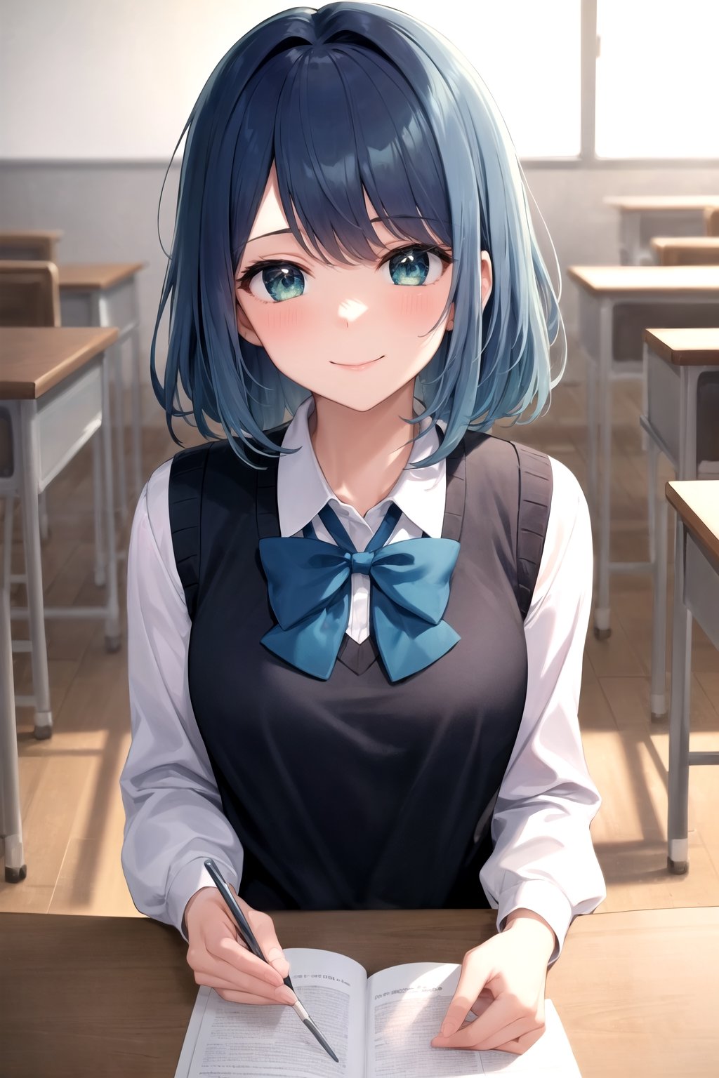 akane-kurokawa, 1girl, solo, masterpiece, ((ultra-detailed)),  high_res, dark blue hair, blue highlights, green_blue eyes, smile, blush, closed mouth, white shirt, long sleeves shirt, black vest sweater, blue bowtie, grey skirt, classroom, bluesky, looking at the viewer 