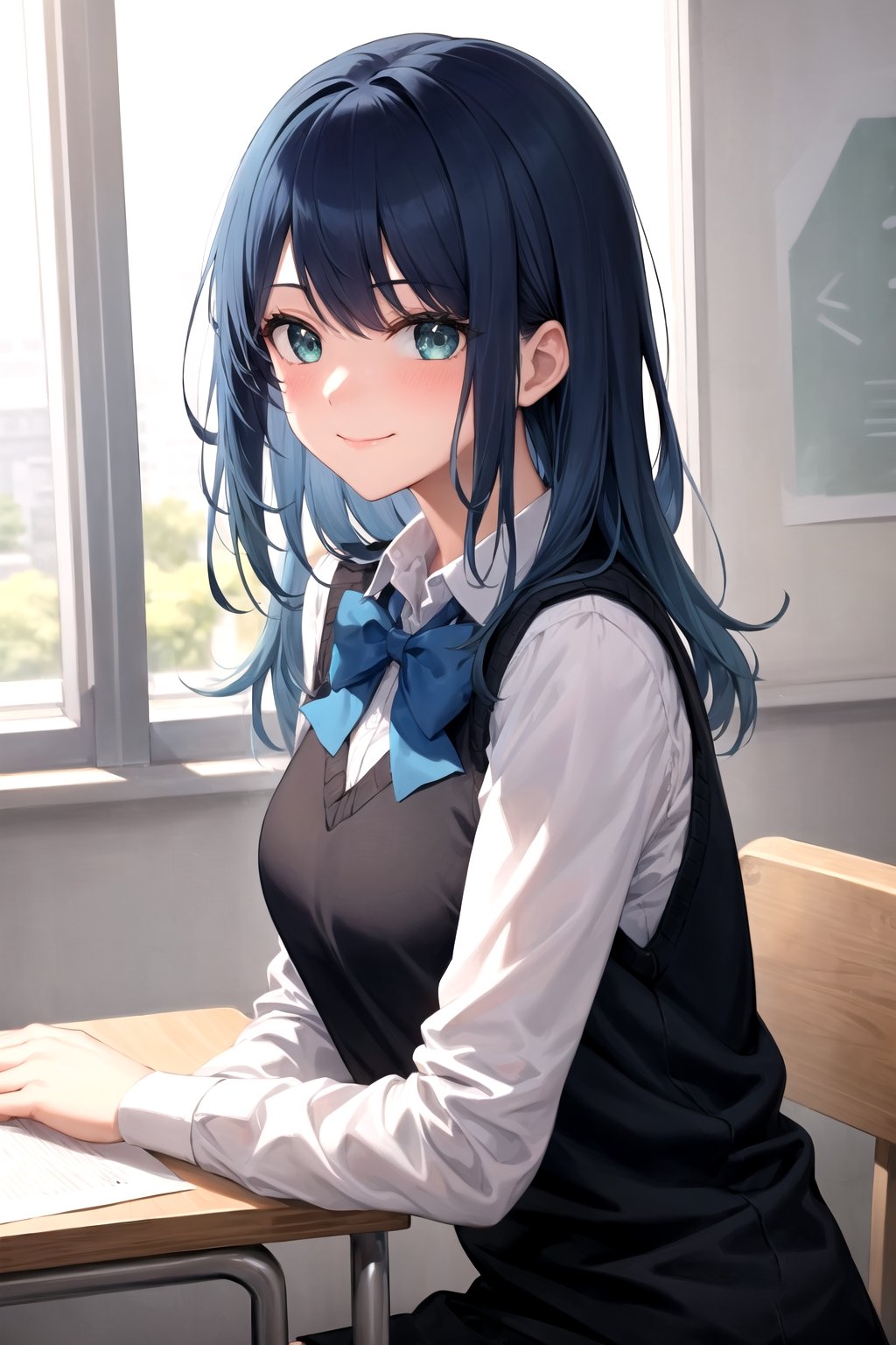 akane-kurokawa, 1girl, solo, masterpiece, ((ultra-detailed)),  high_res, dark blue hair, blue highlights, green_blue eyes, smile, blush, closed mouth, white shirt, long sleeves shirt, black vest sweater, blue bowtie, grey skirt, classroom, bluesky, looking at the viewer 