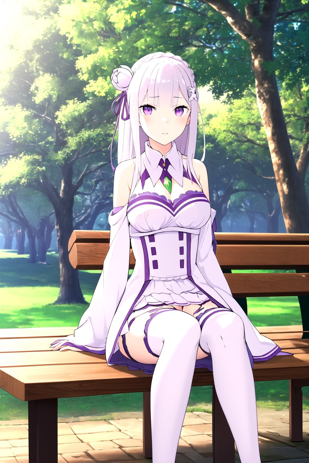 absurdres, highres, ultra detailed, emilia, white hair, purple eyes, long hair, medium breasts, hair flower, hair ornament, hair ribbon, white dress, detached collar, wide sleeves, white thighhighs, looking at viewer, sitting, bench, outdoors, tree