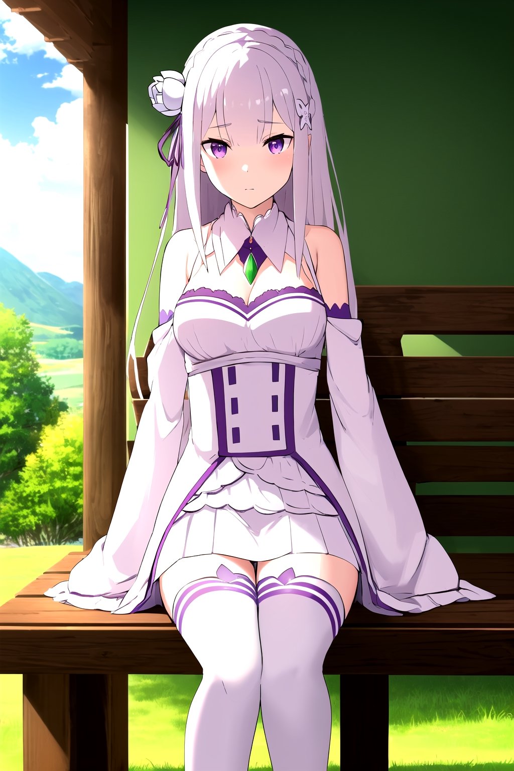 absurdres, highres, ultra detailed, emilia, white hair, purple eyes, long hair, medium breasts, hair flower, hair ornament, hair ribbon, white dress, detached collar, wide sleeves, white thighhighs, looking at viewer, sitting, bench, outdoors, tree