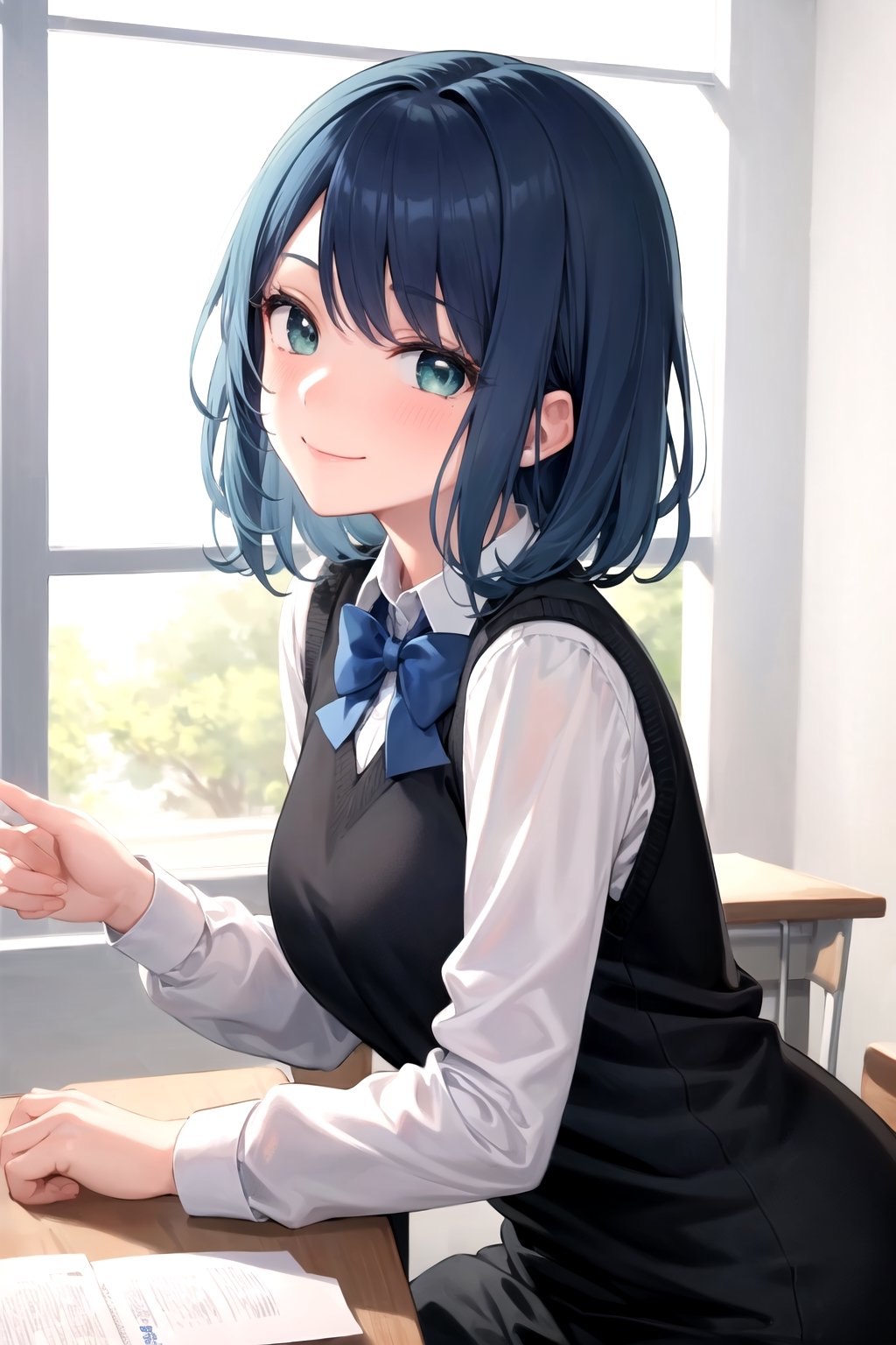 akane-kurokawa, 1girl, solo, masterpiece, ((ultra-detailed)),  high_res, dark blue hair, blue highlights, green_blue eyes, smile, blush, closed mouth, white shirt, long sleeves shirt, black vest sweater, blue bowtie, grey skirt, classroom, bluesky, looking at the viewer 