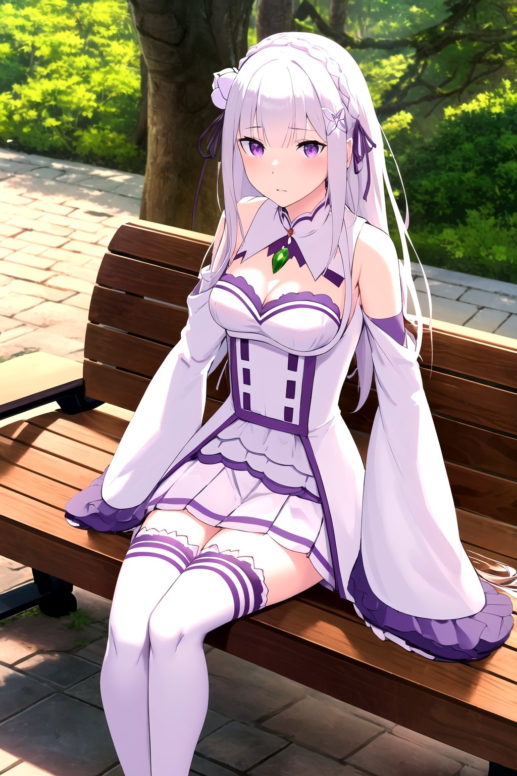 absurdres, highres, ultra detailed, emilia, white hair, purple eyes, long hair, medium breasts, hair flower, hair ornament, hair ribbon, white dress, detached collar, wide sleeves, white thighhighs, looking at viewer, sitting, bench, outdoors, tree