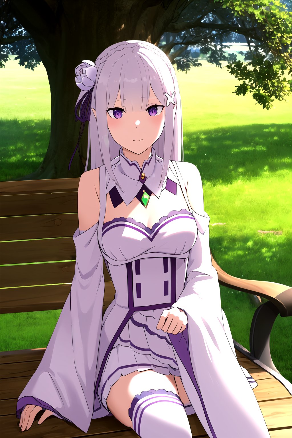 absurdres, highres, ultra detailed, emilia, white hair, purple eyes, long hair, medium breasts, hair flower, hair ornament, hair ribbon, white dress, detached collar, wide sleeves, white thighhighs, looking at viewer, sitting, bench, outdoors, tree