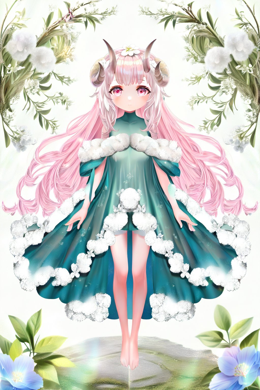 1girl , sheep girl , big breasts , off shoulder , white fur, fur trim , cute , (Sheep horn) , white pink hair , green dress , flower on hair , long hair  , spring , godness , loli  , sexy , nsfw , solo , stand still , (fullbody:1.4) , symmetry , looking at viewer,  fashion, flowers , white background , simple background , virtual youtuber,