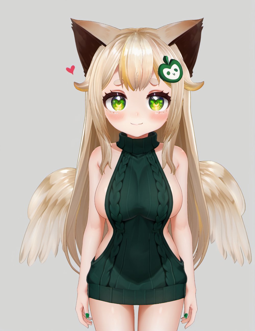 1girl  , solo , standing , stand still ,  upper body , front , nsfw ,virgin killer sweater, aran dark green sweater, bare shoulders,sweater, boobs,  turtleneck, backless outfit , skin , love , cute , nsfw , sexy , hentai , blush , look at viewer ,  smile ,  big breasts,  long hair, blush, bangs, blonde hair, simple background, shirt, hair ornament, white background, animal ears,  heart , wings, virtual youtuber, thick eyebrows, green eyes ,  leg , thigh , white background , sleeveless , bare arms ,  virtual youtuber , vtuber , loli ,cute ,
