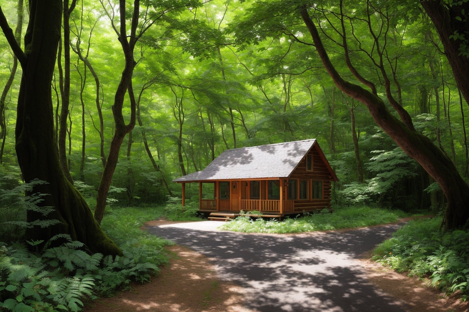 A serene, winding forest path meandering through a lush, verdant woodland environment, sunlight filtering through the canopy of trees, creating a tranquil and healing atmosphere, There is a small cabin in the distance