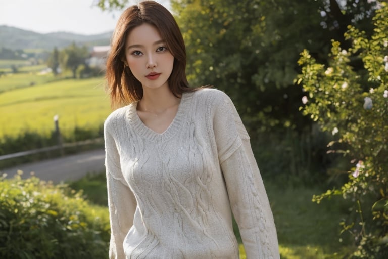 24 years old woman, charismatic pose. Sunny weather in the countryside, Photorealistic image. stand,upper body,jumper